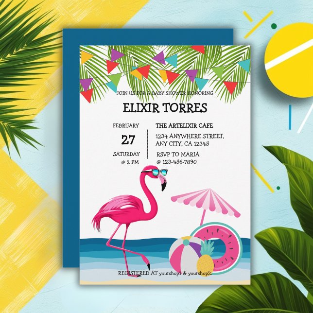 Festlicher Sommer Strand Pink Flamingo Baby Dusche Einladung (Von Creator hochgeladen)