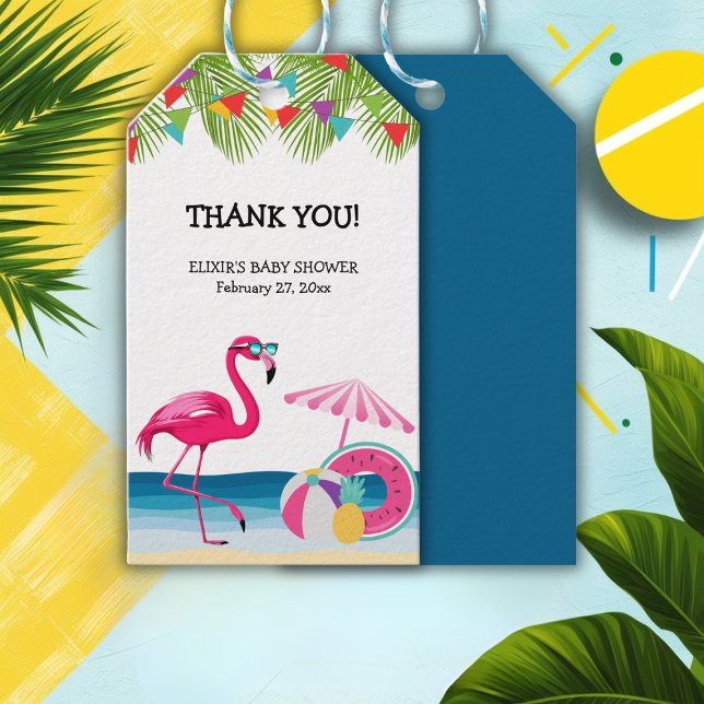 Festlicher Sommer Strand Pink Flamingo Baby Dusche Geschenkanhänger (Von Creator hochgeladen)