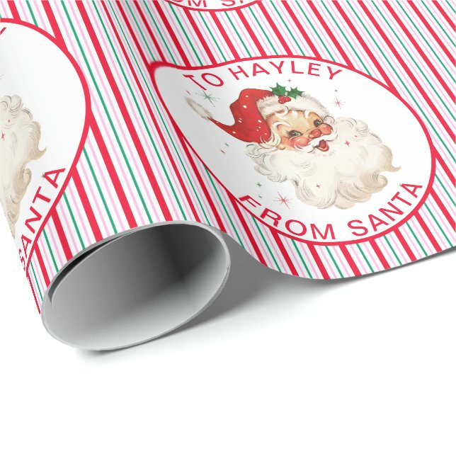 Festlicher Streifen Individuelle Name von Santa Gi Geschenkpapier (Rolleneckpunkt)