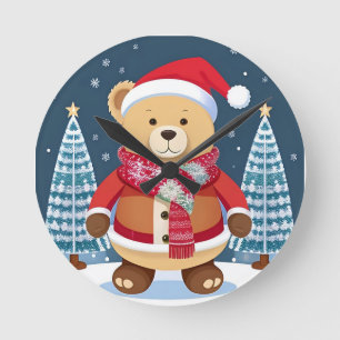 Festlicher Teddybär mit Santa-Hut Runde Wanduhr