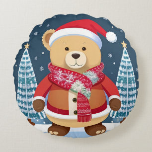Festlicher Teddybär mit Santa-Hut Rundes Kissen