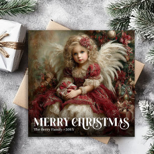 Festlicher Vintage-Engel Gold-Rot-Weihnachtsgruß Feiertagskarte