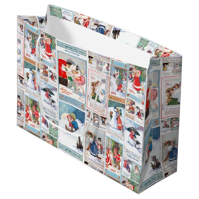 Festlicher Vintager Winterspass Weihnachtskarten-C Große Geschenktüte (Vorderseite Schrägansicht)