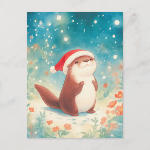 Festlicher Wasserfarben-Otter-Weihnachtsmannhut Postkarte