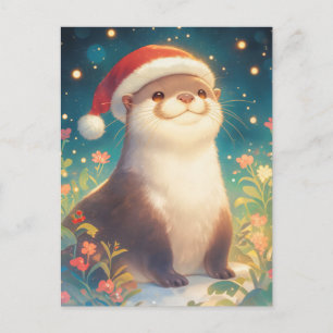 Festlicher Wasserfarben-Otter-Weihnachtsmannhut Postkarte