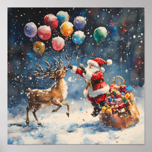 Festlicher Wasserfarben-Weihnachtsmann-Rentier-Bun Poster