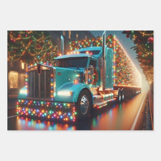  Festlicher Weihnachts-LKW mit Lichtern Geschenkpapier Set (Vorderseite)