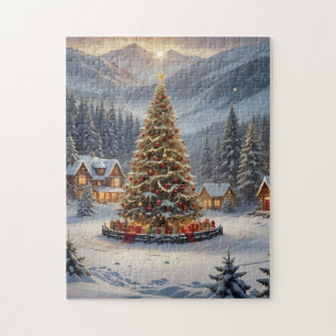 Festlicher Weihnachtsbaum in einem Bergdorf Puzzle