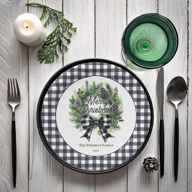 Festlicher Weihnachtskranz BW-Schleife Frohe Weihn Pappteller (Festive Holiday Wreath with BW Check Coquette Bow "Merry Christmas" Paper Plates)