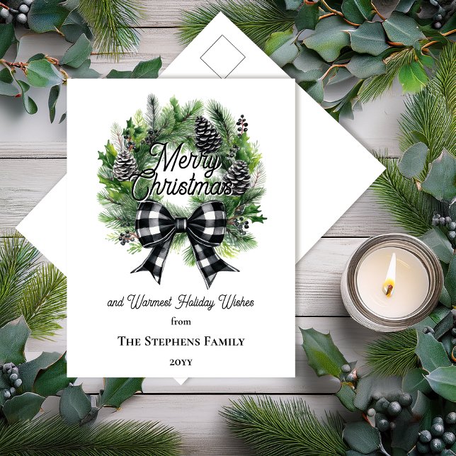 Festlicher Weihnachtskranz Frohe Weihnachten Nicht (Festive Holiday Wreath with Black | White Check Coquette Bow "Merry Christmas" Postcard)