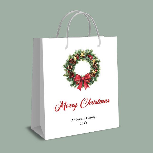Festlicher Weihnachtskranz-Geschenkbeutel mit pers Mittlere Geschenktüte (Festive Christmas wreath gift bag personalized tag)