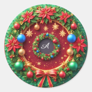 Festlicher Weihnachtskranz mit roten Poinsettien Runder Aufkleber