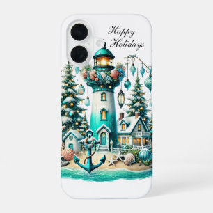 Festlicher Weihnachtsleuchtturm Feiertag anpassbar iPhone 16 Hülle