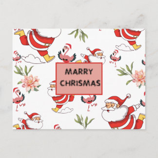 Festlicher Weihnachtsmann, Flamingo- und rosa Blum Feiertagspostkarte