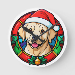 Festlicher Weihnachtsmann-Hund-Cartoon Runde Wanduhr