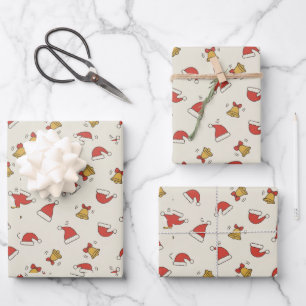Festlicher Weihnachtsmann-Hut und Schellenmuster Geschenkpapier Set