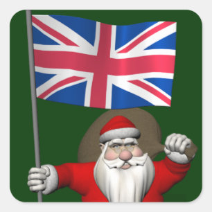 Festlicher Weihnachtsmann mit Flagge des Vereinigt Quadratischer Aufkleber