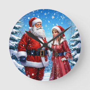 Festlicher Weihnachtsmann und Mrs. Claus Runde Wanduhr