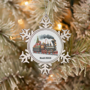 Festlicher Weihnachtszug Name Datum hinzufügen Schneeflocken Zinn-Ornament
