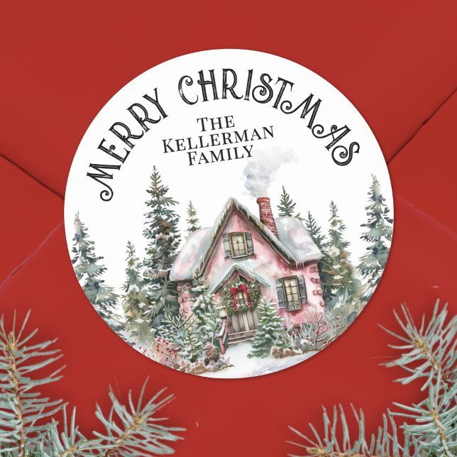 Festlicher Winter Frohe Weihnachten Runder Aufkleber (Festive Winter Merry Christmas Classic Round Sticker)