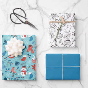 Festlicher Winter Süße Doodle Farbige Schwarz Weiß Geschenkpapier Set
