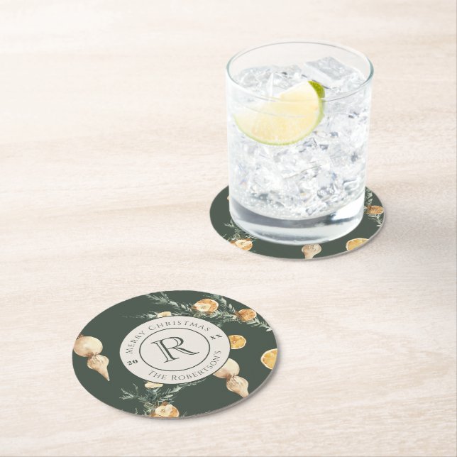 Festlicher Wintergarten: Chic Watercolor Mit Monog Runder Pappuntersetzer (Vor Ort)