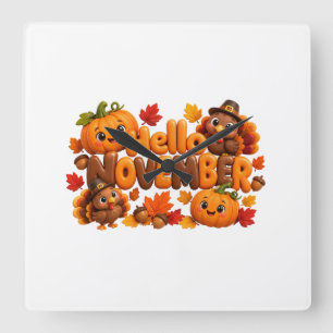 Festliches 3D Hallo November Thanksgiving Truthahn Quadratische Wanduhr