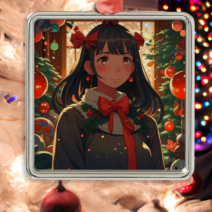 Festliches Anime-Mädchen in der Weihnachtsnacht Ornament Aus Metall