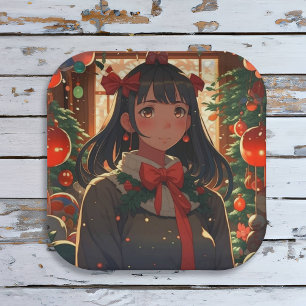 Festliches Anime-Mädchen in der Weihnachtsnacht Pappteller