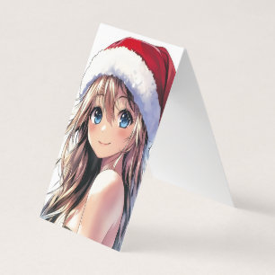 Festliches Anime-Mädchen mit Weihnachtsmannmütze u