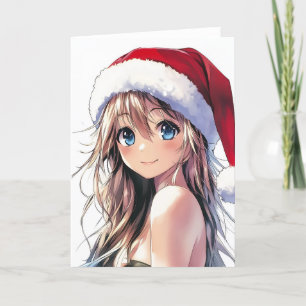 Festliches Anime-Mädchen mit Weihnachtsmannmütze u Feiertagskarte