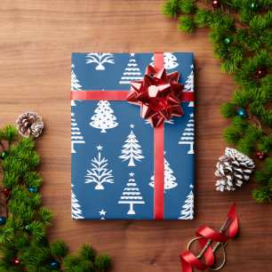 Festliches Blau-Weiß-Weihnachtsbaum-Muster Geschenkpapier