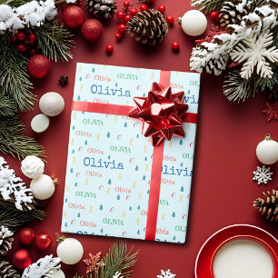 Festliches blaues Weihnachten Wiederholender Name  Geschenkpapier