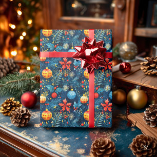 Festliches blaues Weihnachtsbaumschmuck- und Laubm Geschenkpapier