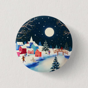 Festliches blaues Winter-Schneedorf Button