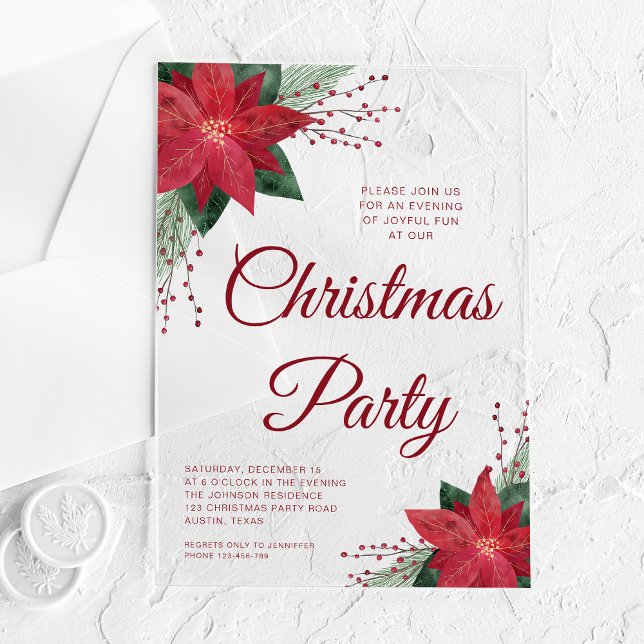 Festliches Blumenpoinsettia Weihnachtsfest Party Acryleinladungen (Festive Floral Poinsettia Christmas Party Acrylic Invitations)