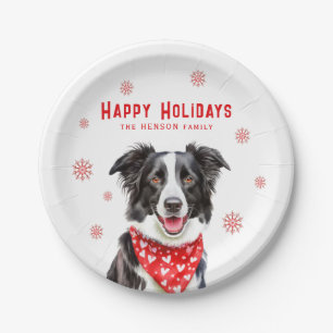 Festliches Border Collie rotes Herz-Bandana Weihna Pappteller