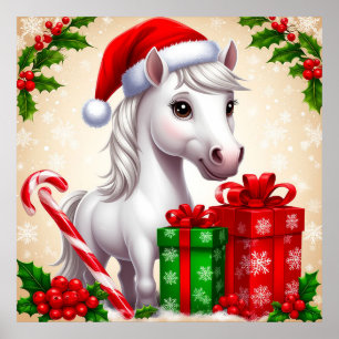 Festliches Cartoon-Pferd mit Weihnachtsmannmütze u Poster