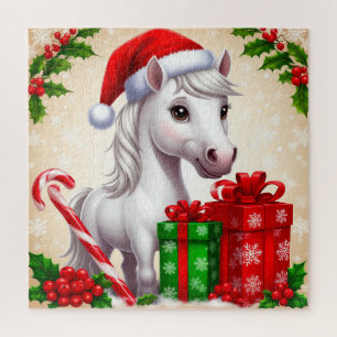 Festliches Cartoon-Pferd mit Weihnachtsmannmütze u Puzzle