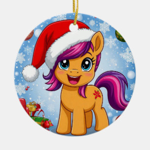 Festliches Cartoon-Pony mit Weihnachtsmannmütze Keramik Ornament