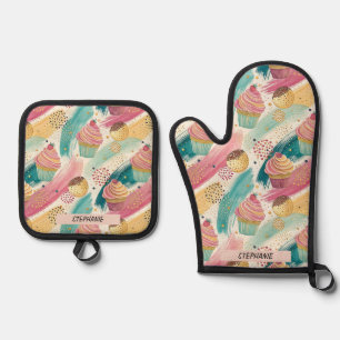 Festliches Cupcake & Brushstroke Celebration Patte Ofenhandschuh & Topflappen-Set