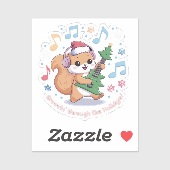 Festliches Eichhörnchen Gitarre spielen umgeben vo Aufkleber (Blatt)