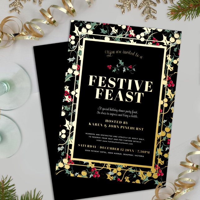 Festliches Fest schwarze goldene Beeren Weihnachts Folieneinladung (Von Creator hochgeladen)