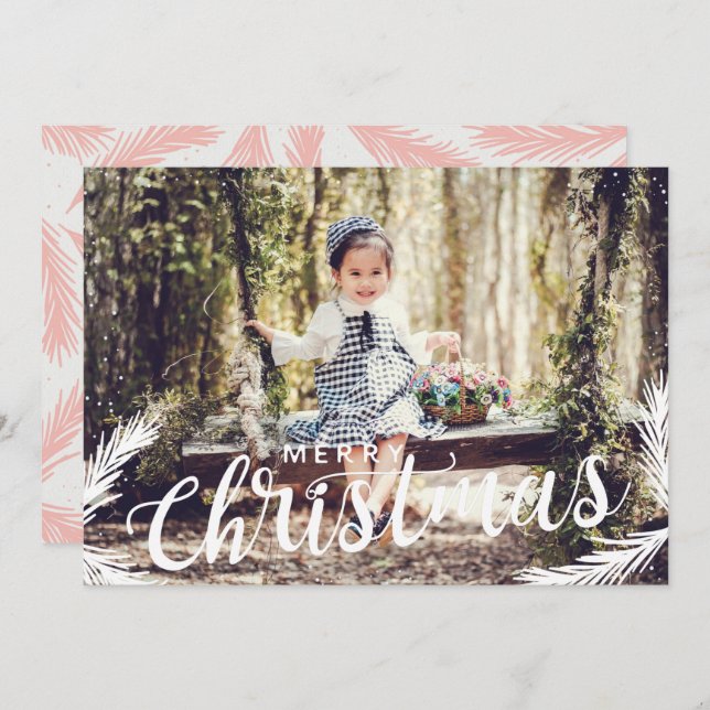 Festliches Foto Rosa Blattwerk Weihnachtskarte Feiertagskarte (Vorne/Hinten)