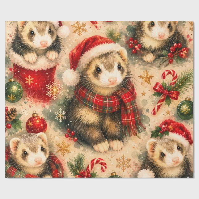 Festliches Frettchen mit Schal Weihnachtspapier Geschenkpapier (Flach)