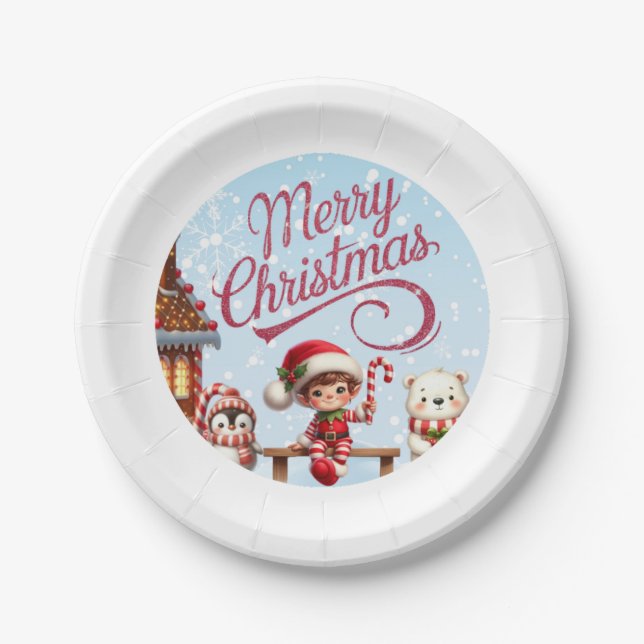 Festliches Geschirr I Elf, Pinguin und Polar Bear Pappteller (Vorderseite)