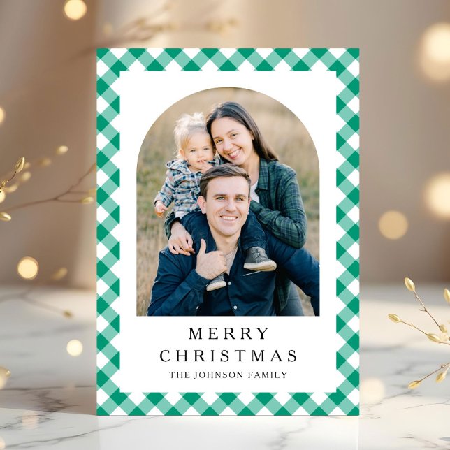 Festliches grünes Gingham-Foto Weihnachten (Festive Green Gingham Photo Christmas Holiday Card)