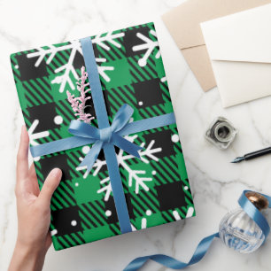 Festliches grünes Karo-Schneeflocken-Buffalo-Check Geschenkpapier