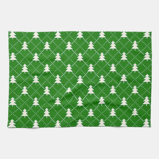Festliches grünes Weihnachtsbaum-Muster Geschirrtuch (Horizontal)