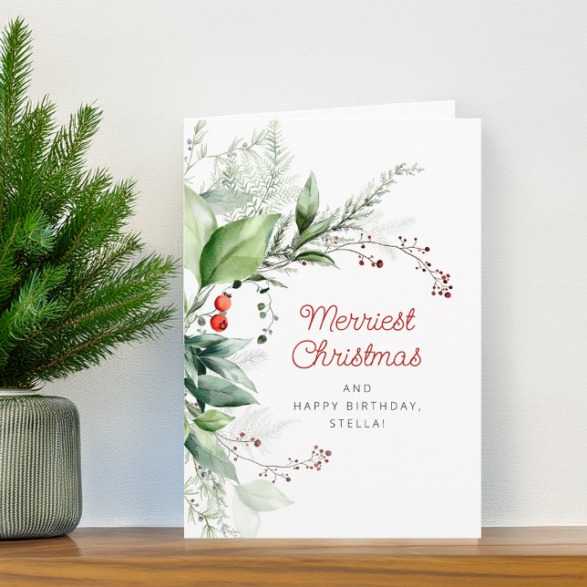 Festliches Grünzeug Frohe Weihnachten Alles Gute z (Festive Greenery Merry Christmas Happy Birthday Holiday Card)